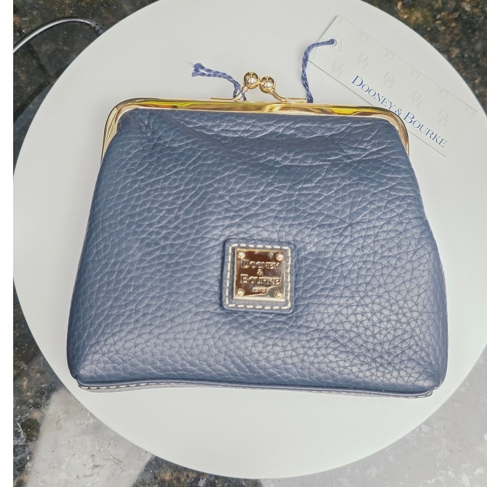 Dooney & Bourke Coin Purse Navy Blue Pebble Leather Kiss Lock Frame Wallet